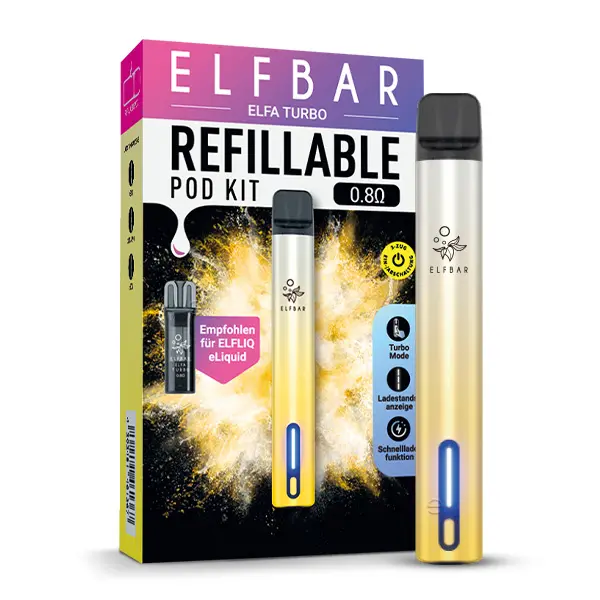 Elfbar Elfa Turbo Pod Kit E-Zigarette in Gelb-Gold mit Verpackung, nachfüllbares Pod-System