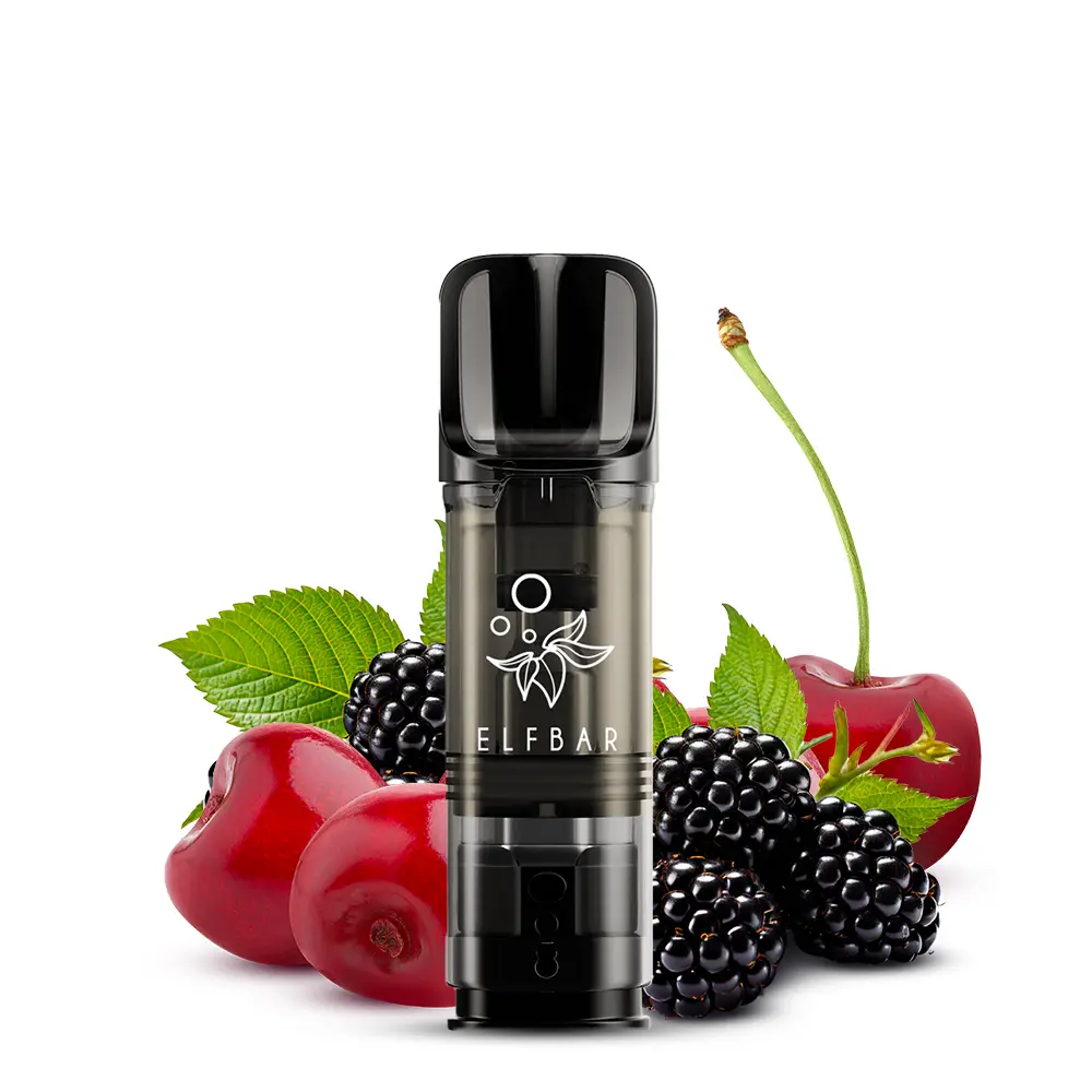 Elfbar Elfa Prefilled Pod Blackberry Cherry – schwarze Kartusche vor Brombeeren und Kirschen