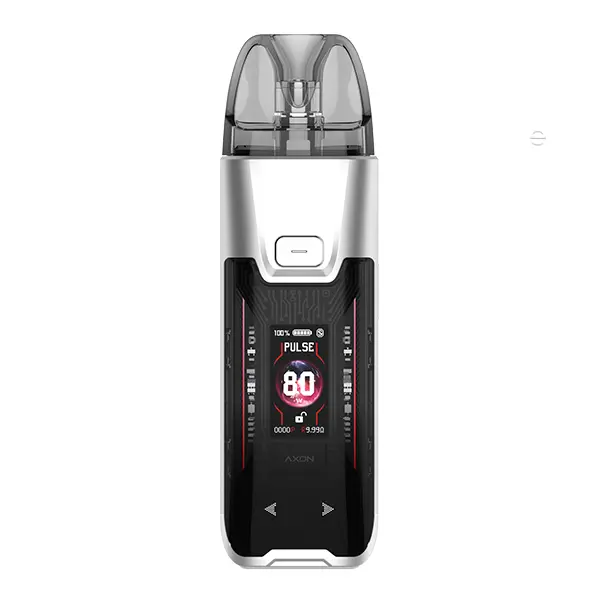 Vaporesso Luxe XR Max 2 Pod Kit in Silber-Schwarz, Frontansicht mit farbigem Display und transparentem Pod