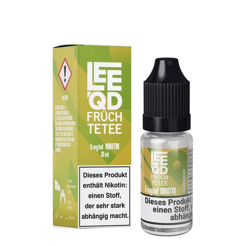 LEEQD Crazy Früchtetee 10ml eLiquid – Flasche mit Nikotinwarnhinweis neben grüner Packung