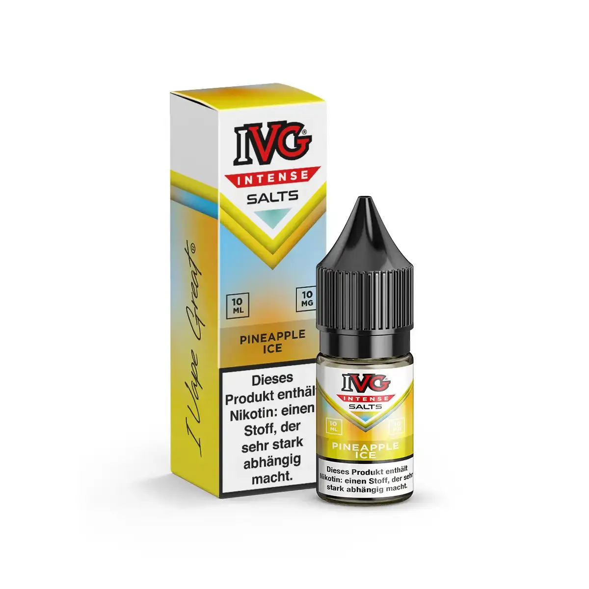 IVG Intense Salts Pineapple Ice 10ml Nikotinsalz-Liquid – gelb-goldene Verpackung und Flasche