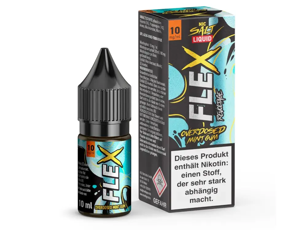 Revoltage Flex Overdosed Mint Gum Nikotinsalz-Liquid 10ml – Flasche mit türkis-gelber Verpackung, Vorder- und Seitenansicht