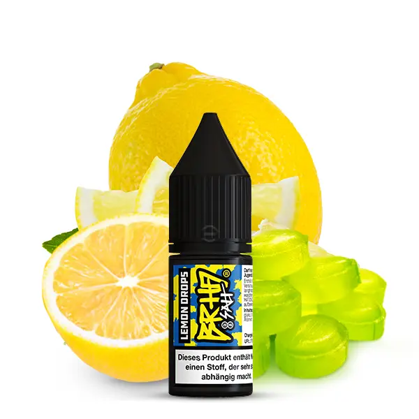Electric Punch Lemon Drops 10ml Nikotinsalz-Liquid, schwarze Flasche vor frischer Zitrone und grünen Bonbons