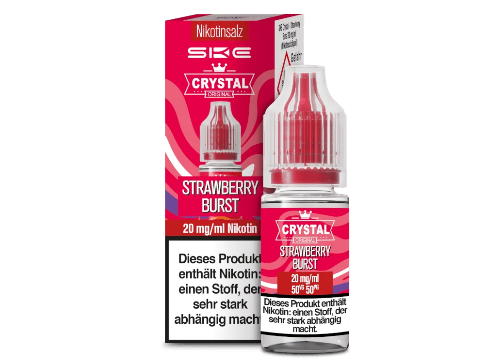 SKE Crystal Strawberry Burst 10ml Nikotinsalz-Liquid – rote Verpackung mit Flasche, Frontansicht