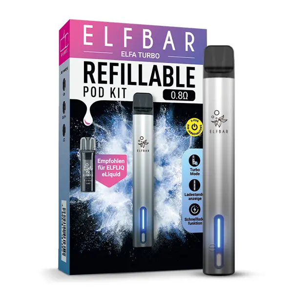 Elfbar Elfa Turbo Pod Kit E-Zigarette in Silber-Grau mit Verpackung, nachfüllbares Pod-System