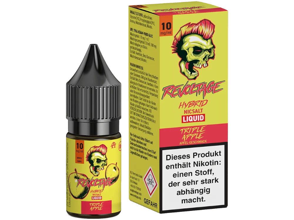Revoltage Triple Apple 10ml Hybrid-Nikotinsalz-Liquid – Flasche und Verpackung in Gelb-Rot mit Nikotin-Hinweis