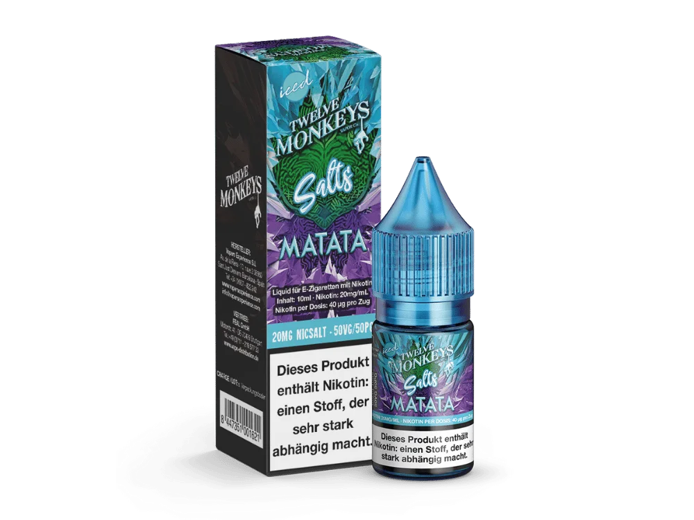 Twelve Monkeys Iced Salts Matata 10ml Nikotinsalz-Liquid – Fläschchen mit grün-lila Verpackung und Eis-Schriftzug