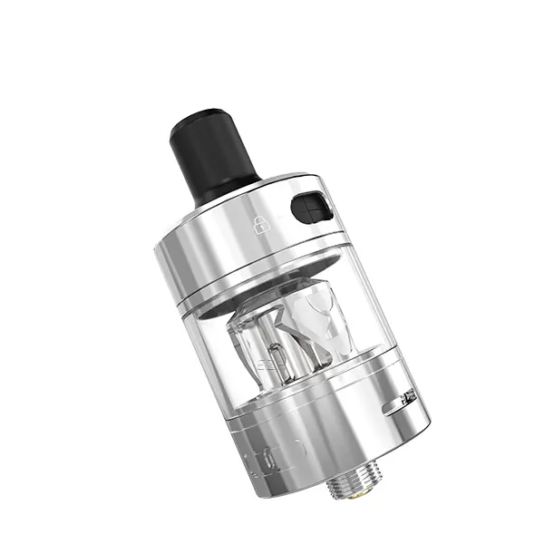 Advken Manta MTL Tank Verdampfer in Silber, Seitenansicht mit schwarzem Drip Tip und klarem Glastank