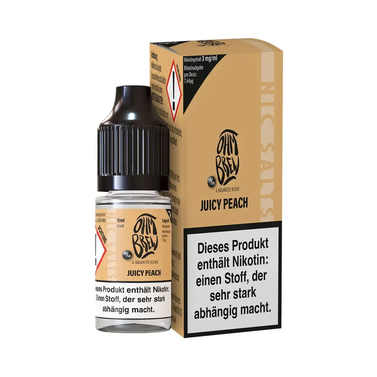 Ohmbrew Juicy Peach 10ml Nikotinsalz-Liquid in beiger Flasche mit passender Verpackungsschachtel