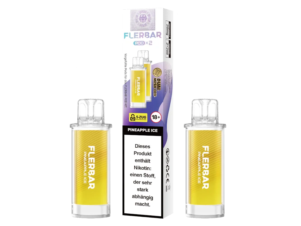 Flerbar Prefilled Pod Pineapple Ice – Verpackung und zwei gelbliche Pod-Kartuschen
