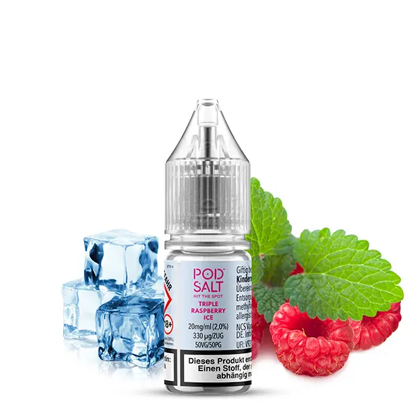 PodSalt Xtra Triple Raspberry Ice 10ml Nikotinsalz-Liquid – klare Flasche mit Himbeeren und Eiswürfeln