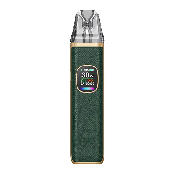 Oxva Xlim Pro 2 Kit in Dunkelgrün mit Carbon-Muster und goldfarbenen Akzenten, Pod und Farbdisplay