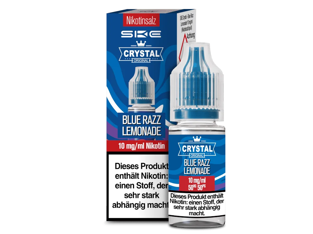 SKE Crystal Blue Razz Lemonade 10ml Nikotinsalz-Liquid, blaue Flasche mit 10 mg Nikotin, Frontansicht