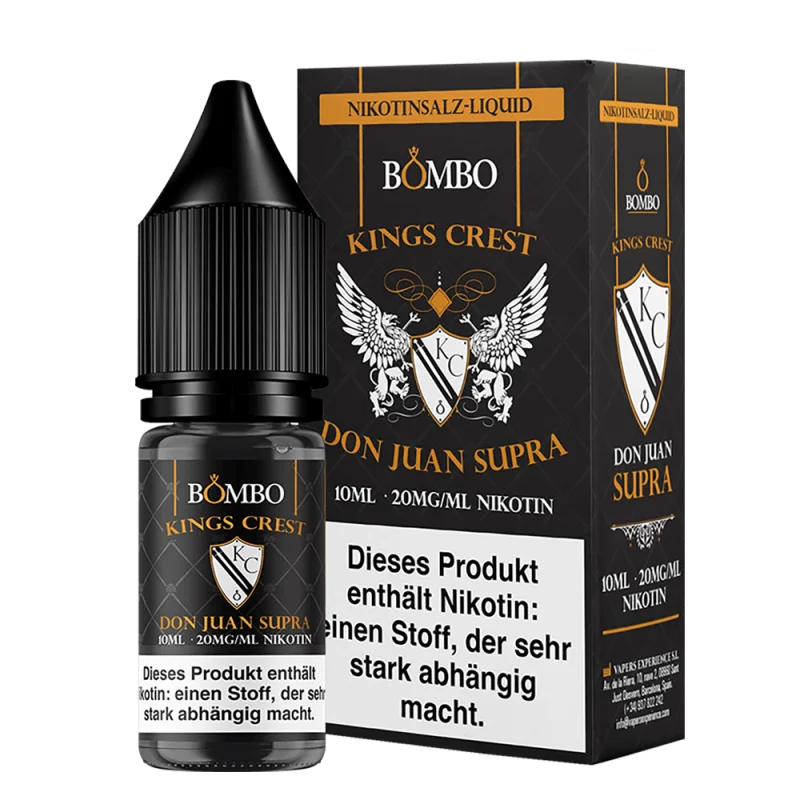 Kings Crest Don Juan Supra 10ml Nikotinsalz-Liquid – Flasche und Box Frontalansicht
