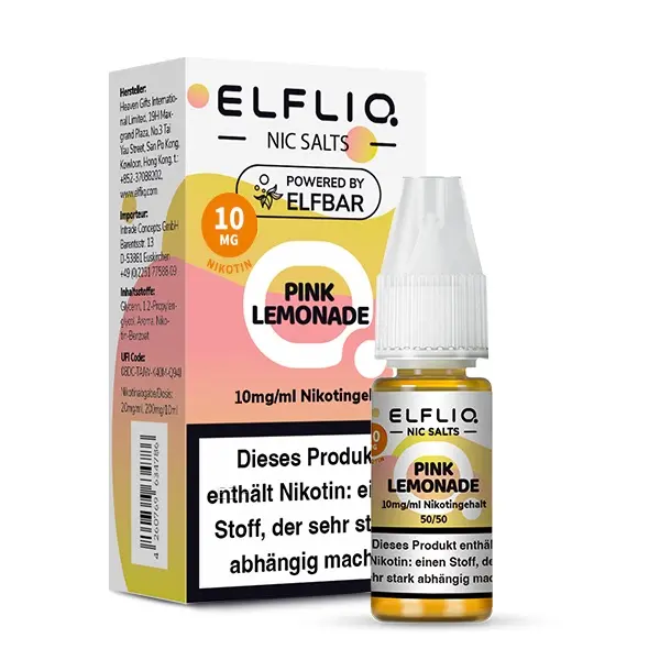 Elfbar Elfliq Pink Lemonade 10ml Nikotinsalz-Liquid Flasche mit Produktinformation, Frontansicht