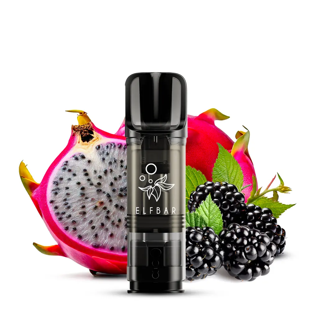 Elfbar Elfa Prefilled Pod Dragon Fruit Blackberry – schwarzer Pod vor Drachenfrucht und Brombeeren