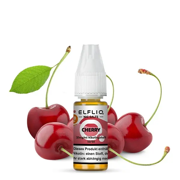 Elfliq Cherry 10ml Nikotinsalz-Liquid von Elfbar, Flasche mit rotem Kirsch-Etikett, Kirschen im Hintergrund