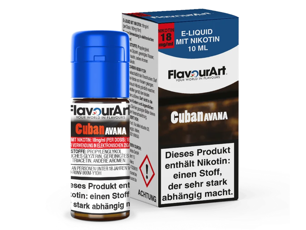 Flavourart Cuban Avana 10ml Liquid – dunkelblaue Verpackung mit Flasche, Tabak-Aroma