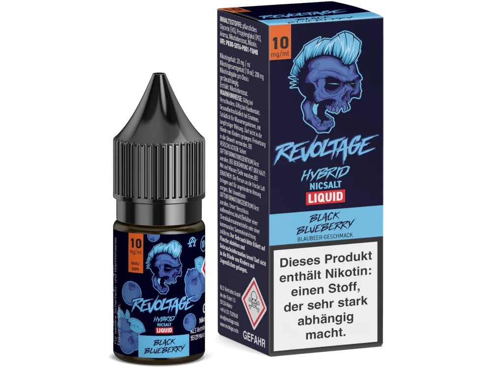 Revoltage Black Blueberry Hybrid-Nikotinsalz-Liquid 10ml Flasche mit Box, blaues Design mit Blaubeere