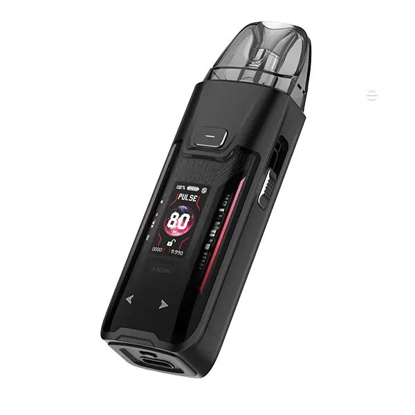 Vaporesso Luxe XR Max 2 Pod Kit in Dark Black Leather mit Pod und farbigem Display, seitliche Ansicht