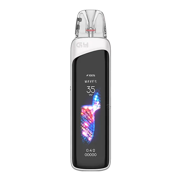 Uwell Caliburn G4 Pro Pod Kit in Weiß mit OLED-Display und transparentem Pod, Frontansicht