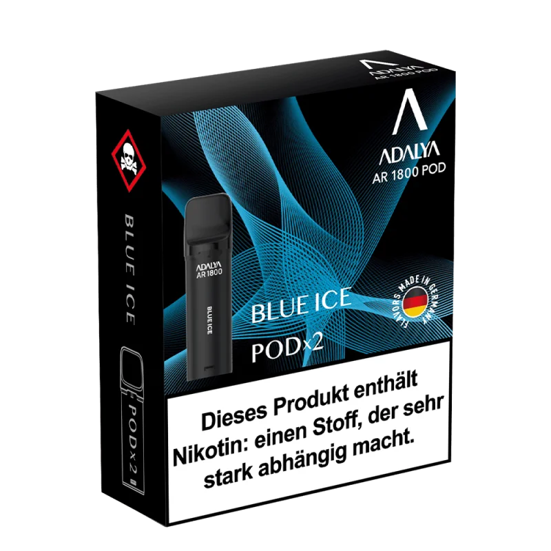 Adalya AR1800 Prefilled Pod Blue Ice – 2er-Pack in dunkler Verpackung mit blauer Schrift und Pod-Abbildung
