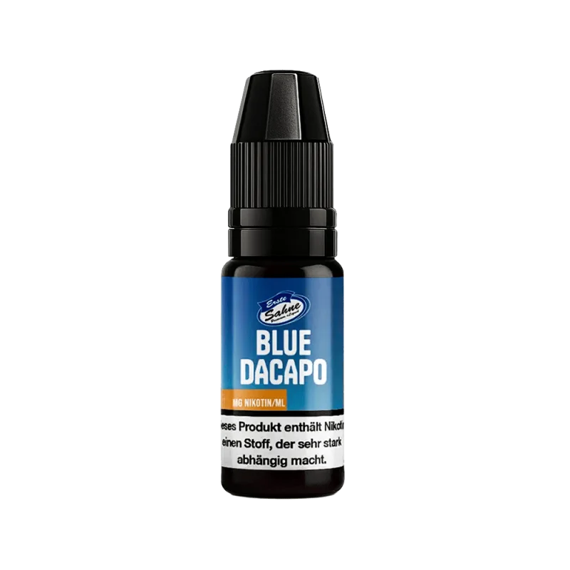 Erste Sahne Blue Dacapo 10ml eLiquid – 10ml Flasche mit blauem Etikett, Vorderseite
