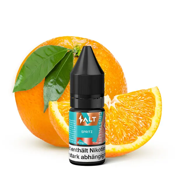 10ml-Flasche vor halbierten Orangen – SALT Cristallite Spritz Nikotinsalz-Liquid