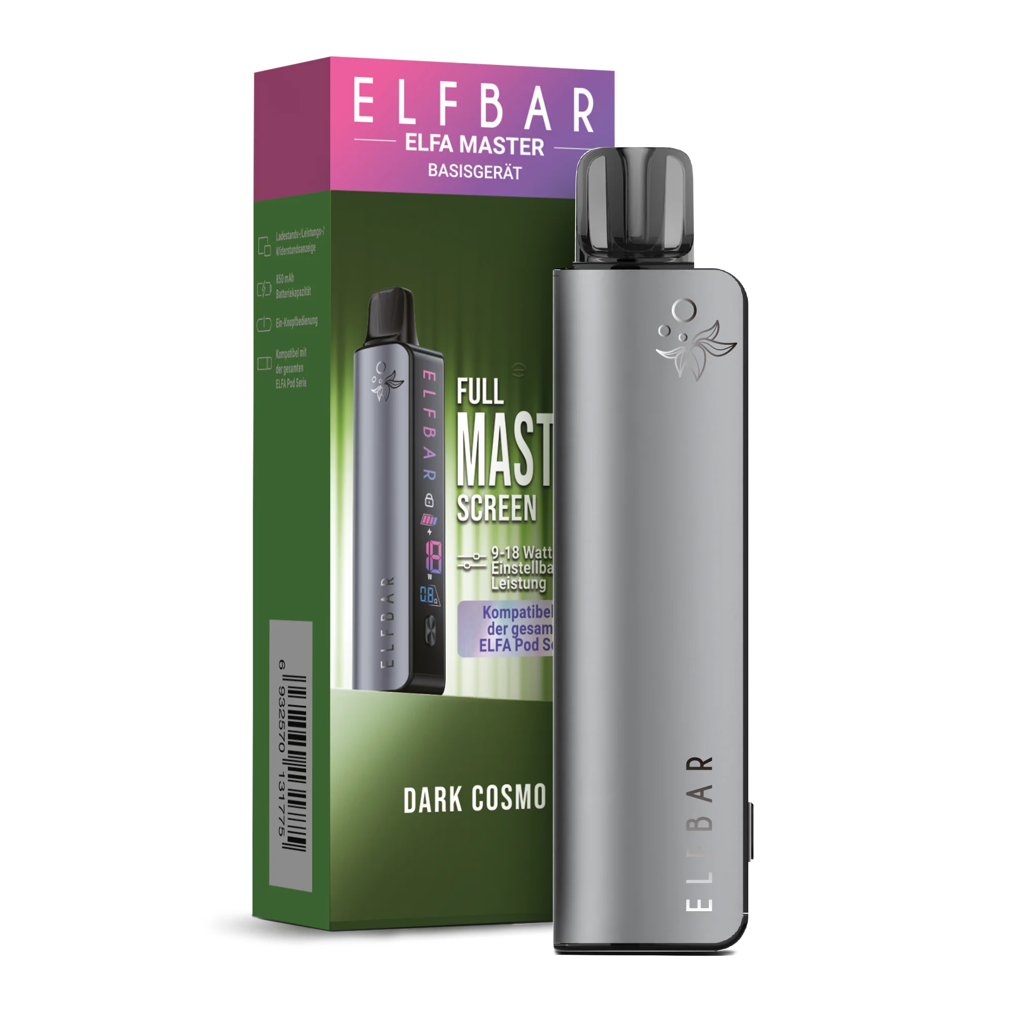 Elfbar Elfa Master Basisgerät in Dark Cosmo – silbergraues Gerät mit passender Verpackung
