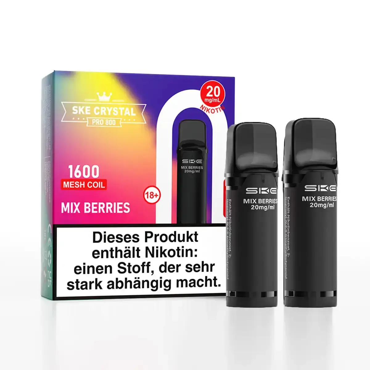SKE Crystal 800 Pro Pod Mix Berries – bunte Verpackung mit 2 schwarzen Prefilled Pods, 1600 Züge