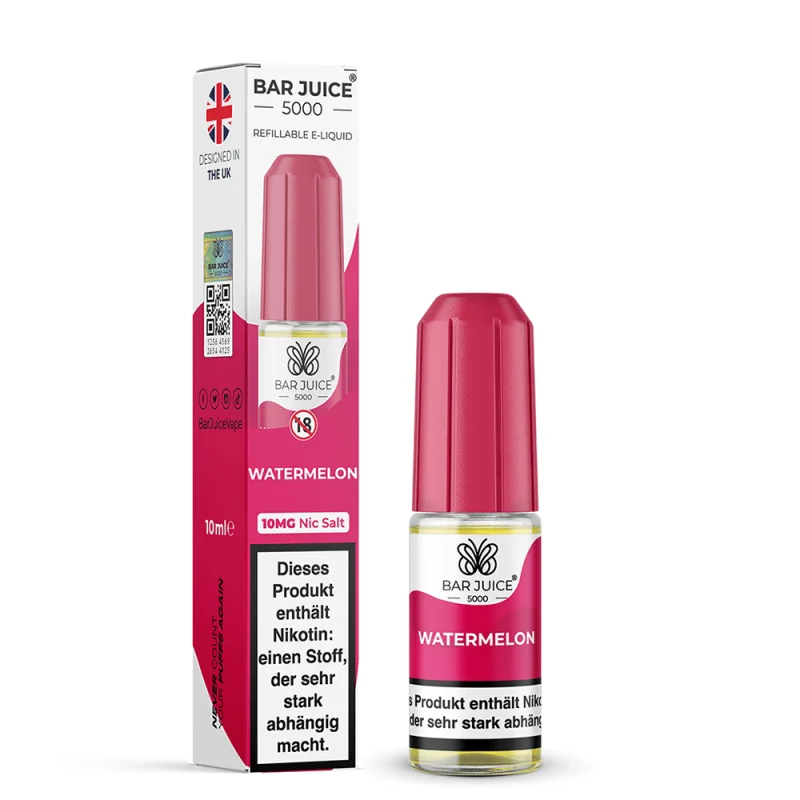 Bar Juice 5000 Watermelon Nikotinsalz-Liquid 10ml – pinke Flasche mit Verpackungskarton