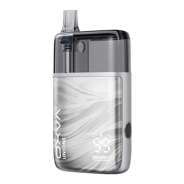 Oxva Unione Pod Kit in Silbergrau mit perlmuttfarbenem Finish und LED-Display