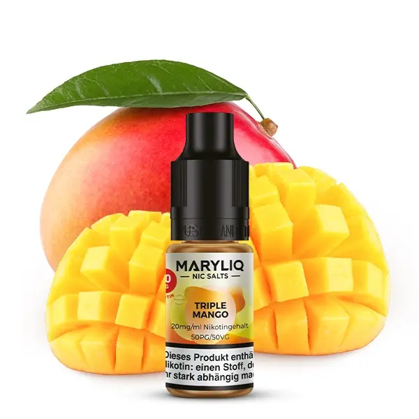 Maryliq Triple Mango 10ml Nikotinsalz-Liquid von Elfbar – Flasche vor frischen Mangohälften, Einzelflasche