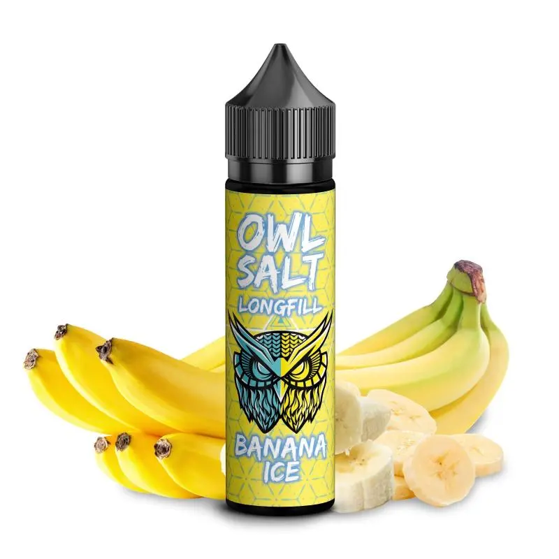 OWL Salt Banana Ice Longfill – gelbe 60ml Flasche mit frischen Bananen auf gelbem Hintergrund