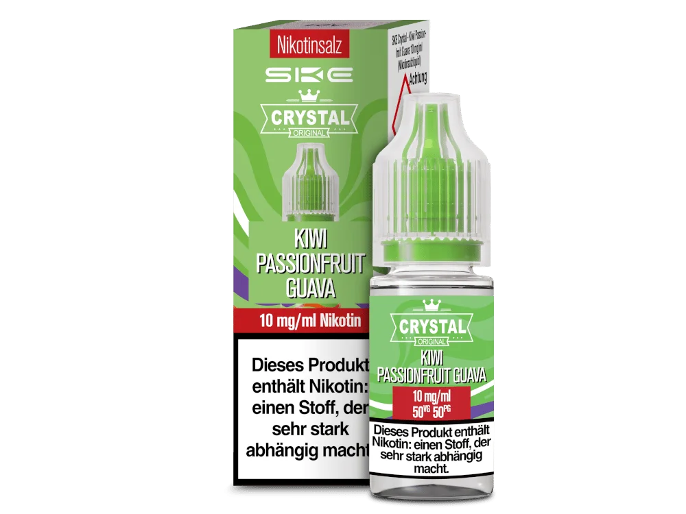 SKE Crystal 10ml Nikotinsalz-Liquid Kiwi Passionfruit Guava – grüne Verpackung mit Flasche, 10 mg/ml