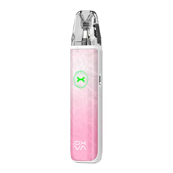 Oxva Xlim Go 2 Pod Kit in Pink-Weiß mit Farbverlauf, schlankes Stabdesign mit grünem Leuchtelement, Frontansicht