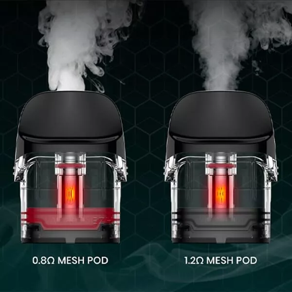 source701300.jpg Vaporesso Luxe Q Ersatz-Pods im Doppelpack – 0,8 Ohm und 1,2 Ohm Mesh Pod nebeneinander mit leuchtendem Coil