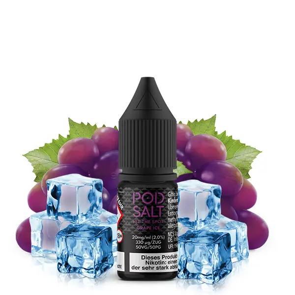 PodSalt Grape Ice Nikotinsalz-Liquid 10ml Flasche mit Weintrauben und Eiswürfeln im Hintergrund