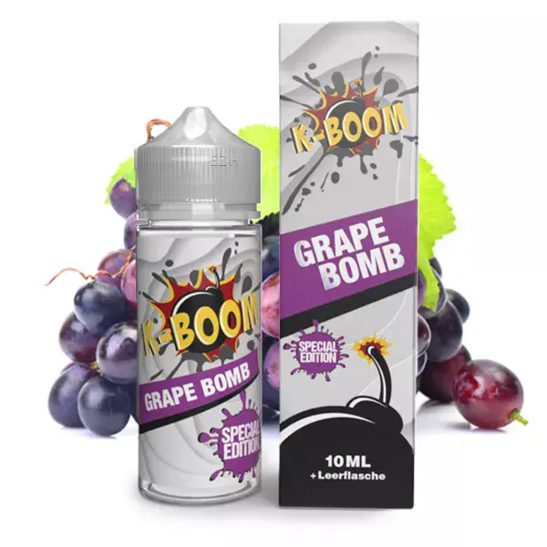 K-Boom Grape Bomb Longfill 10ml Flasche mit Comic-Design und Weintrauben, Original Rezept
