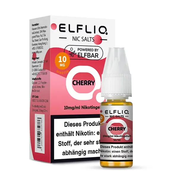Elfliq Cherry 10ml Nikotinsalz-Liquid von Elfbar, Flasche mit roter Verpackungsbox, Nikotinsalz-Hinweis sichtbar