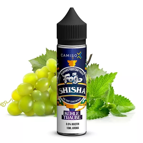 Dr. Fog Shisha Kühle Traube Longfill in 60ml Flasche mit grünen Weintrauben und Minze auf der Verpackung