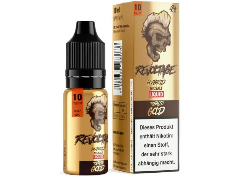 Revoltage Tobacco Gold Hybrid-Nikotinsalz-Liquid 10ml Flasche und Verpackung gold, 10 mg/ml