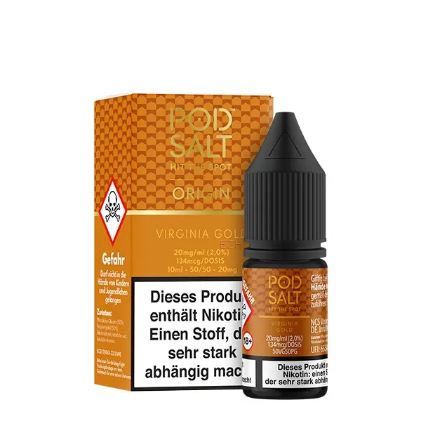 PodSalt Origin Virginia Gold 10ml Nikotinsalz-Liquid – Flasche mit orangefarbener Verpackungsschachtel, Frontansicht