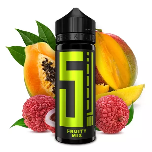 5 Elements Fruity Mix Longfill Flasche mit Früchten Litschi Mango Papaya im Hintergrund