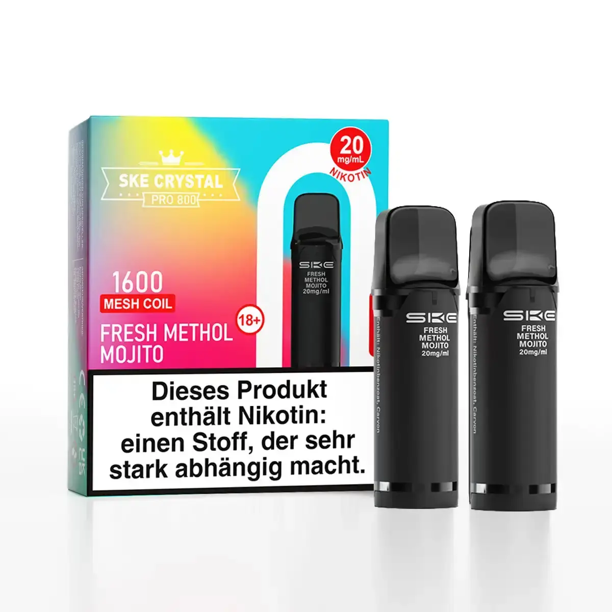 Zwei schwarze SKE Crystal 800 Pro Pods mit bunter Verpackung, Sorte Fresh Menthol Mojito