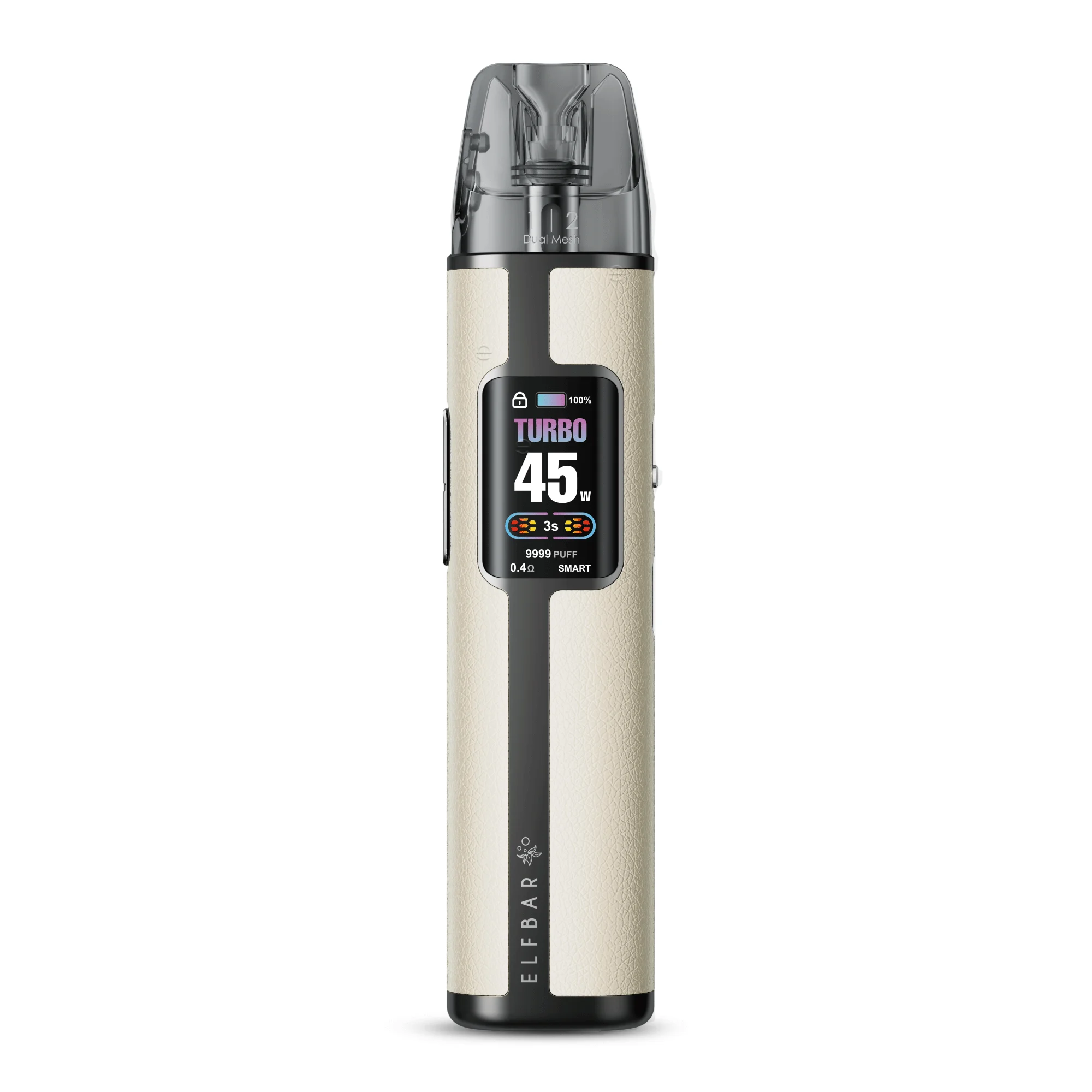 Elfbar Elfx Pro Refillable Kit in Champagner-Gold mit Display und aufgestecktem Pod, Seitenansicht