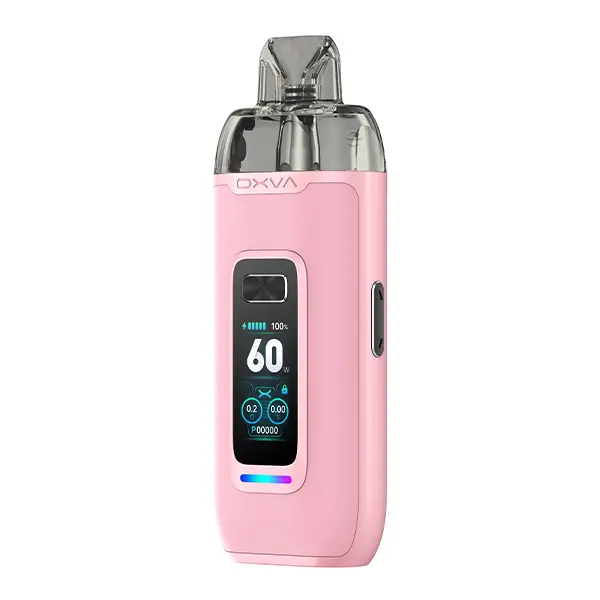 Oxva VPrime Pod Kit in Rosa, Vorderansicht mit Farbdisplay und eingesetztem Pod