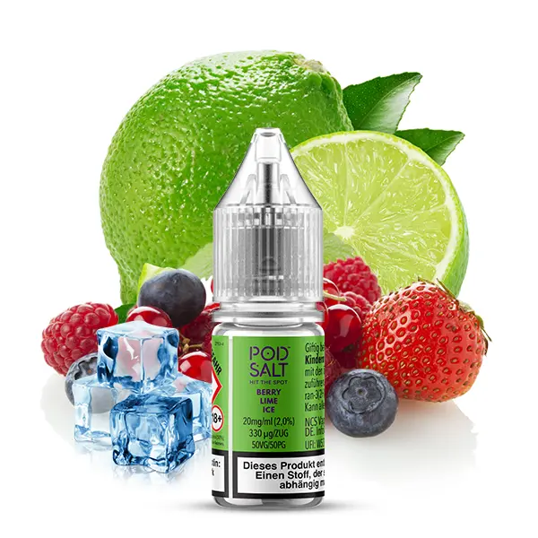 PodSalt Xtra Berry Lime Ice 10ml Nikotinsalz-Liquid, grüne Flasche mit Beeren, Limette und Eiswürfeln