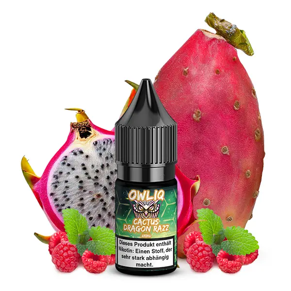 Owliq Cactus Dragon Razz 10ml Nikotinsalz-Liquid Flasche mit Kaktus- und Himbeer-Motiv