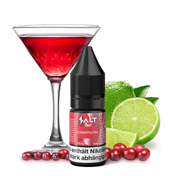10ml-Flasche vor rotem Cocktail im Martiniglas mit Limette und Cranberrys – SALT Cristallite Cosmopolitan Nikotinsalz-Liquid